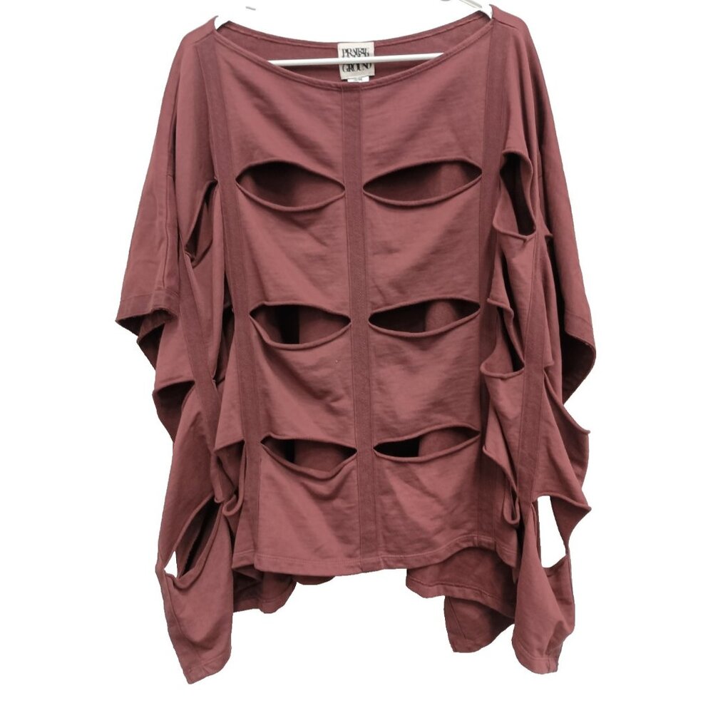 Prairie Underground Womens Lagenlook Grunge Top S/M Maroon Cutout Poncho Style